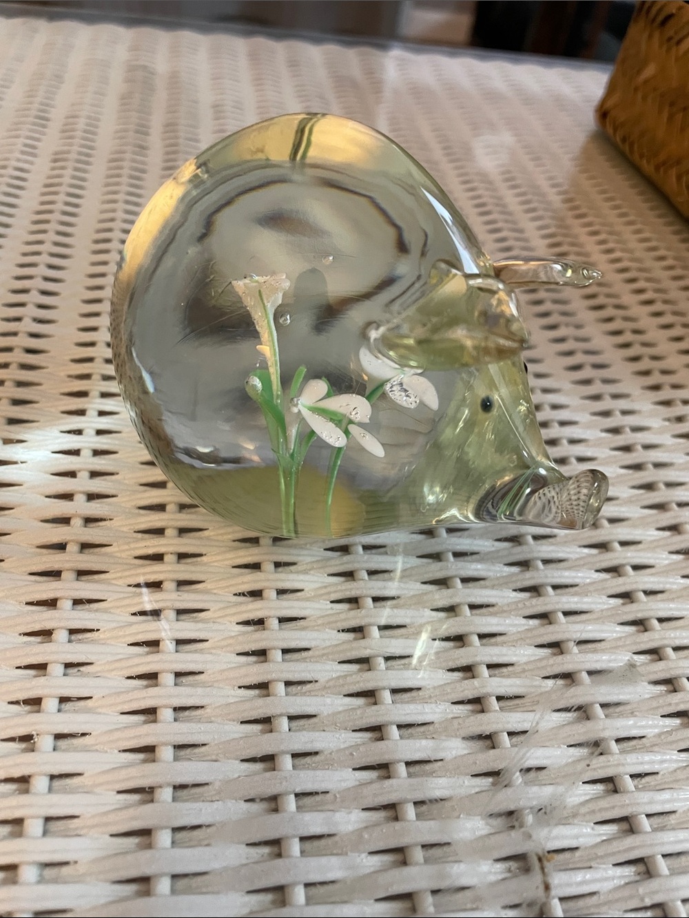 Vintage Pale Green Glass Pig with White Floral Inlay